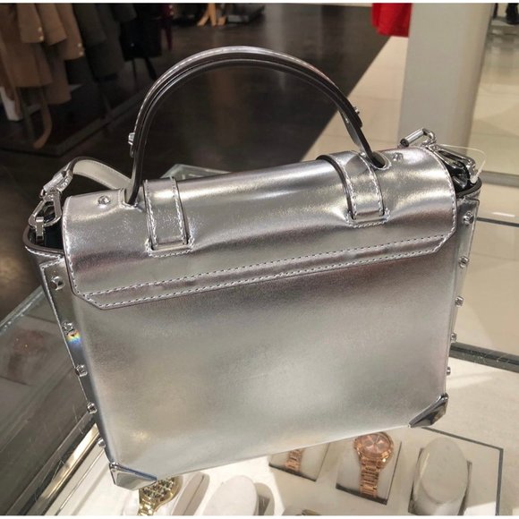 Michael Kors Manhattan Satchel Purse Medium Leather MK Signature Silver - Picture 7 of 8